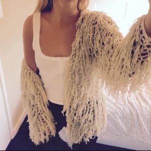 Fringed Shaggy Beige Nude Open Sweater Cardigan